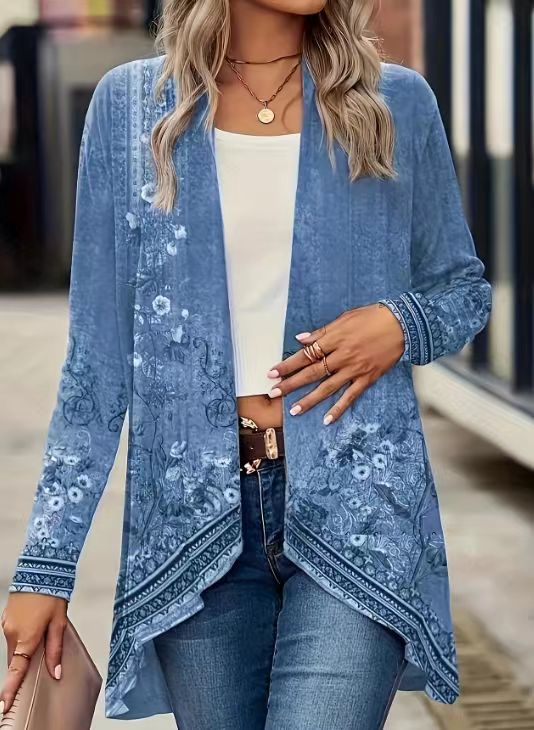 Veste florale élégante à manches longues pour femmes sans boutons