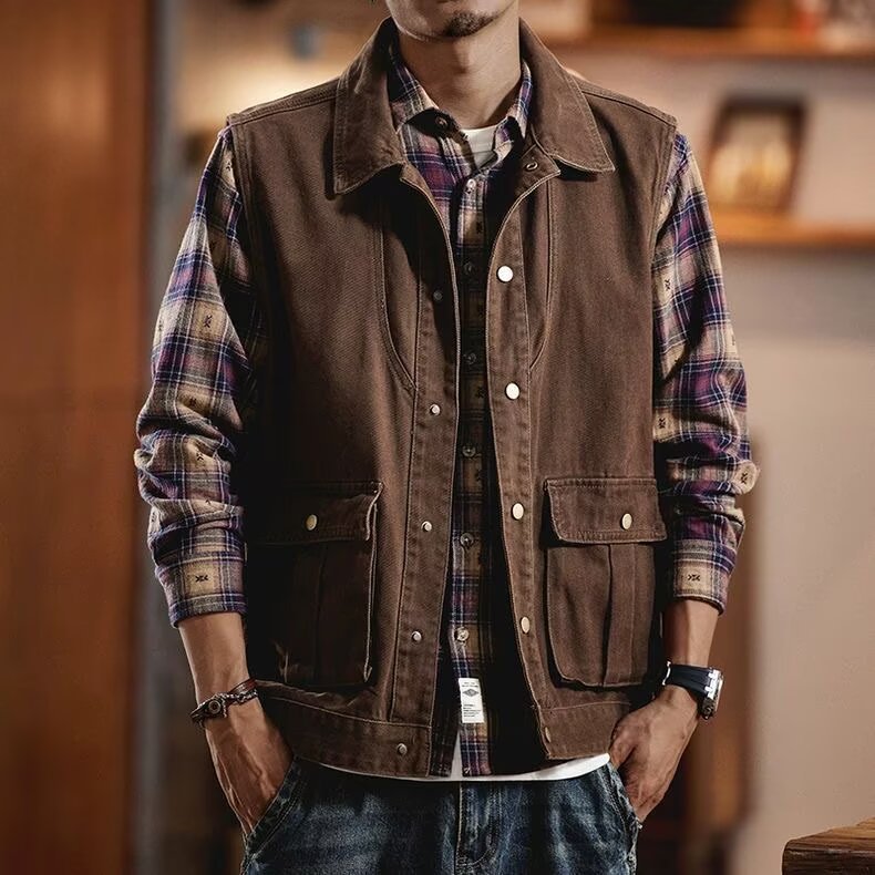 Hommes Outdoor Loose-fit American-style Vintage Vêtements de travail Vest Jacket