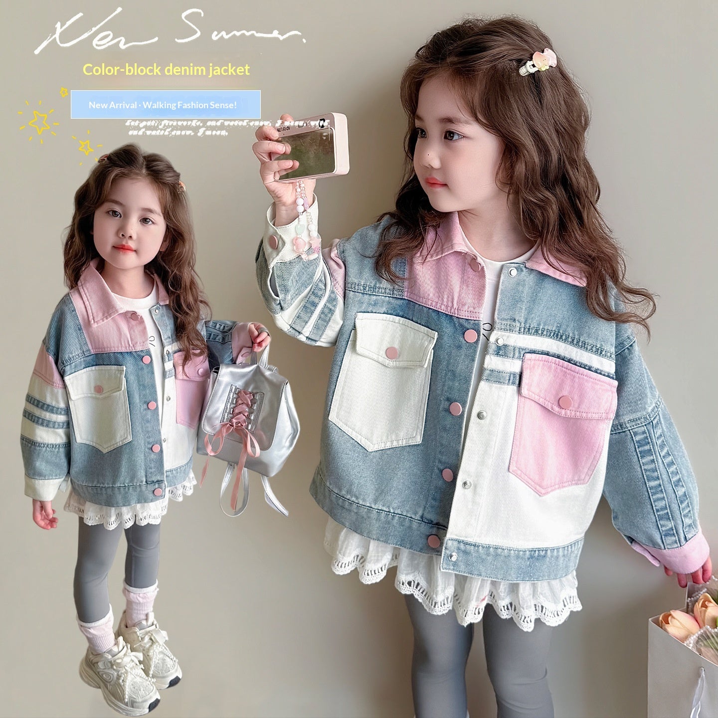 Veste denim multicolore pour filles de nouveau style