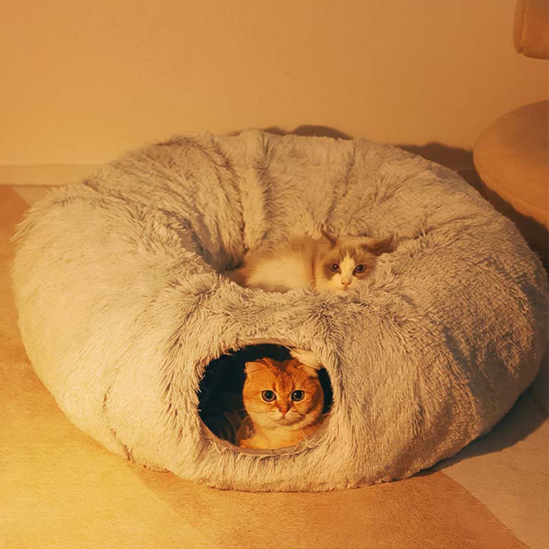 Lit chaud de chat en peluche avec tunnel pour les chats intérieurs Collapsible Donut Cat jouer à coucher Cave