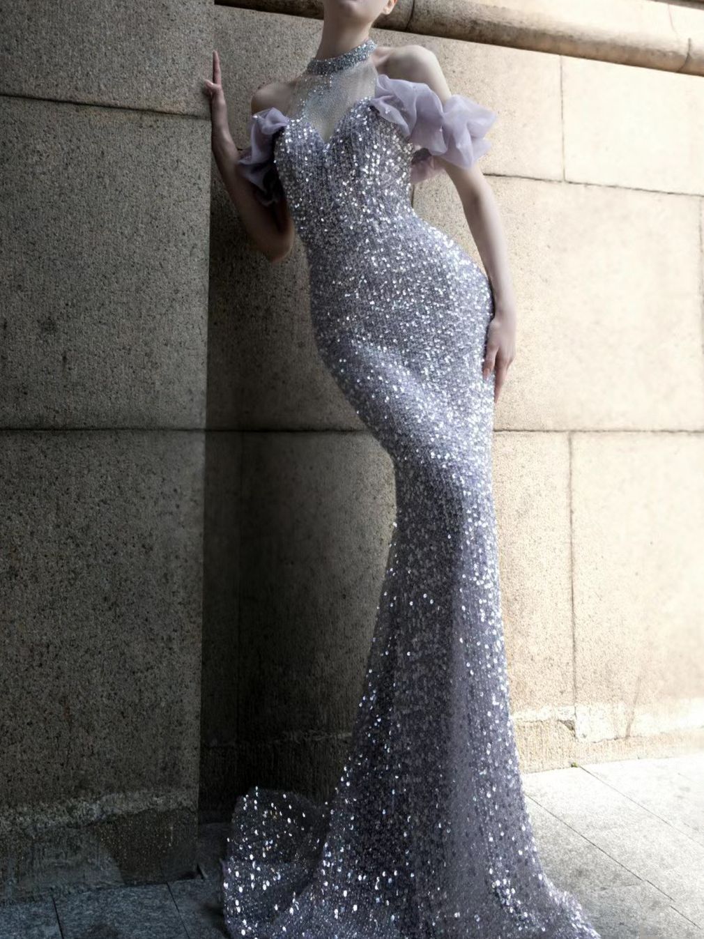 Violet Hôte Starry Sky Réunion annuelle Robe de Toast Perlé Halter Modèle Catwalk Fishtail