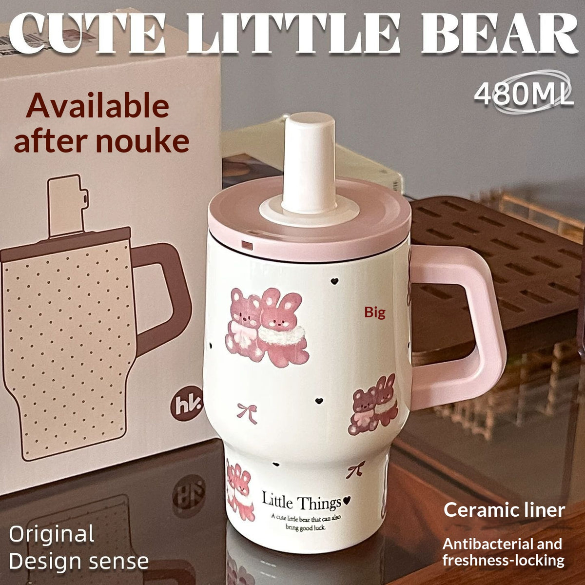 Cute Bear Design Ceramic Liner Grande Capacité Portable en acier inoxydable Insulated Bouteille Wi