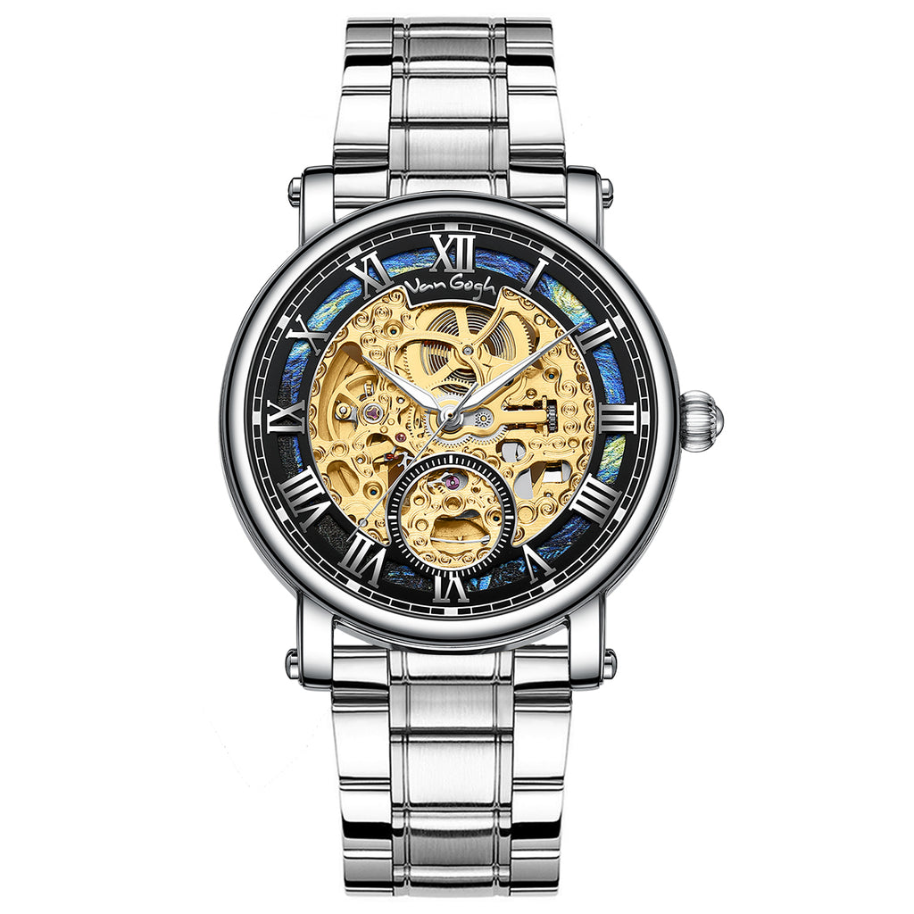 VAN GOGH Starry Night Series Cadran bleu Mouvement mécanique Skeleton Montre quotidienne étanche