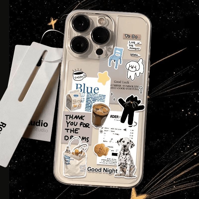 Case téléphonique transparente sur le thème du café avec des dessins animaux mignons