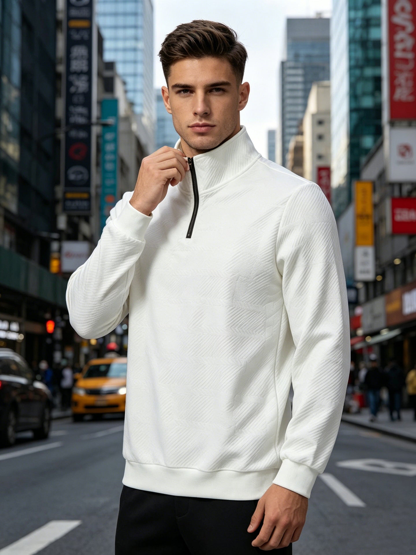 Pull de collier de demi-zip homme avec texture Jacquard