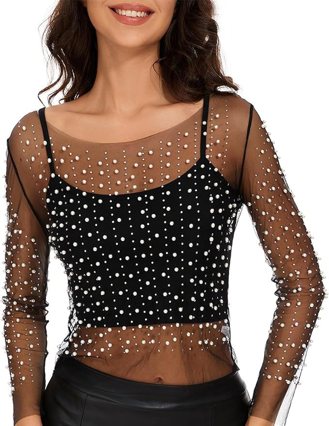 Bubble-bead Sheer Mesh Haut à manches longues