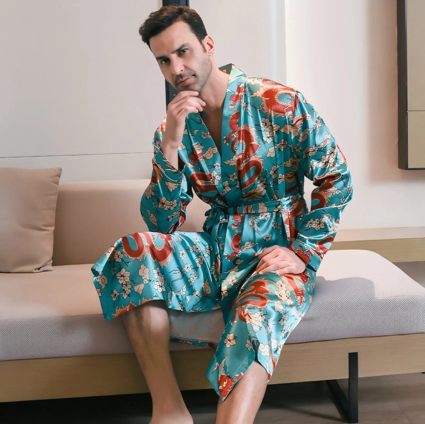 Été Ice-silk Long-style Wearable Ice-silk Youth Long-sleeve Loungewear Hommes Nightgown T