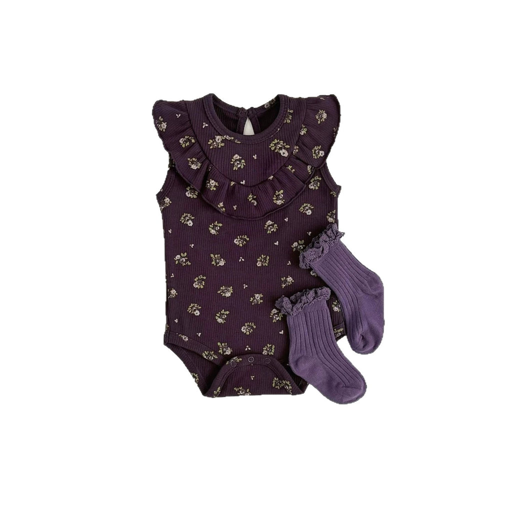 Summer Niche style Ruffled Berry-purple Floral Baby Onesie