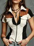 Femmes mode impression numérique manches courtes zip-up
