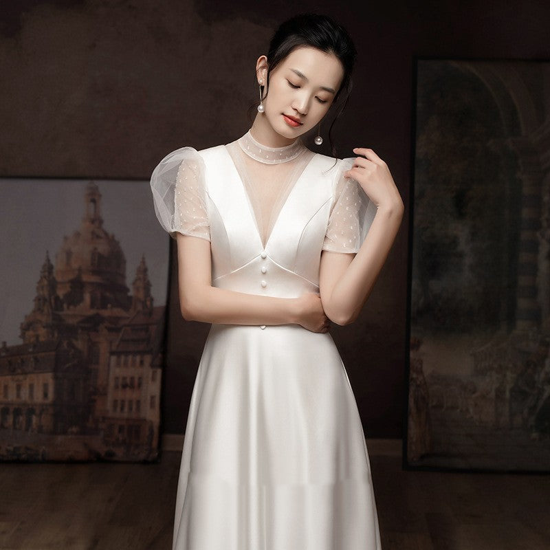 Fiançailles blanches Robe de mariée Femme Français Satin Robe de mariée légère