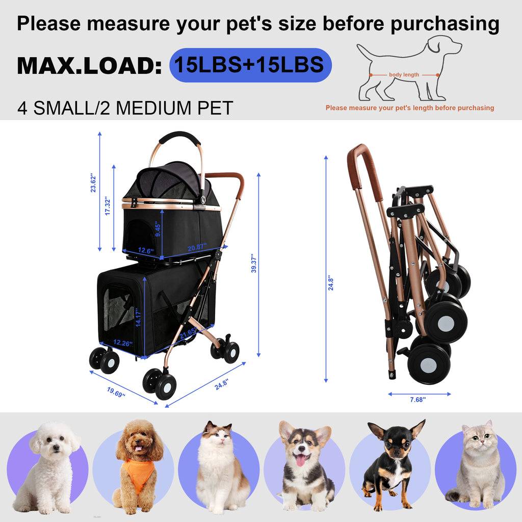 Poussette 3-en-1 pour petits chiens moyens Chats