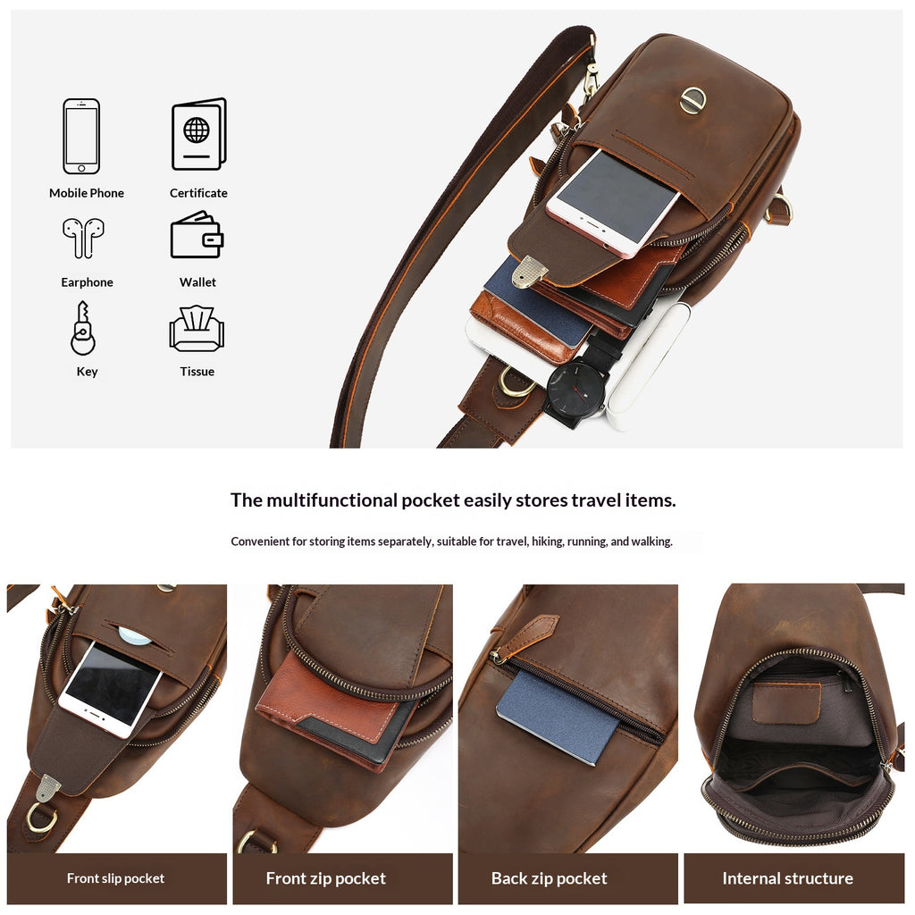 Multifonctionnel poitrine extérieure Casual Crossbody Vintage Crazy Horse Sac à épaule en cuir