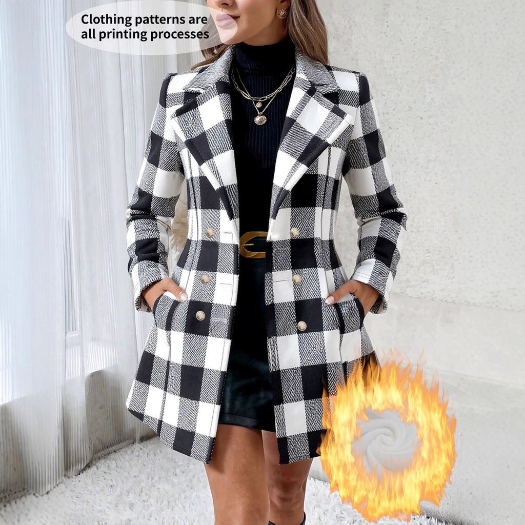 Plus-taille Contraste-couleur Plaid Flèche doublée de mollet-fit manteau pour les femmes