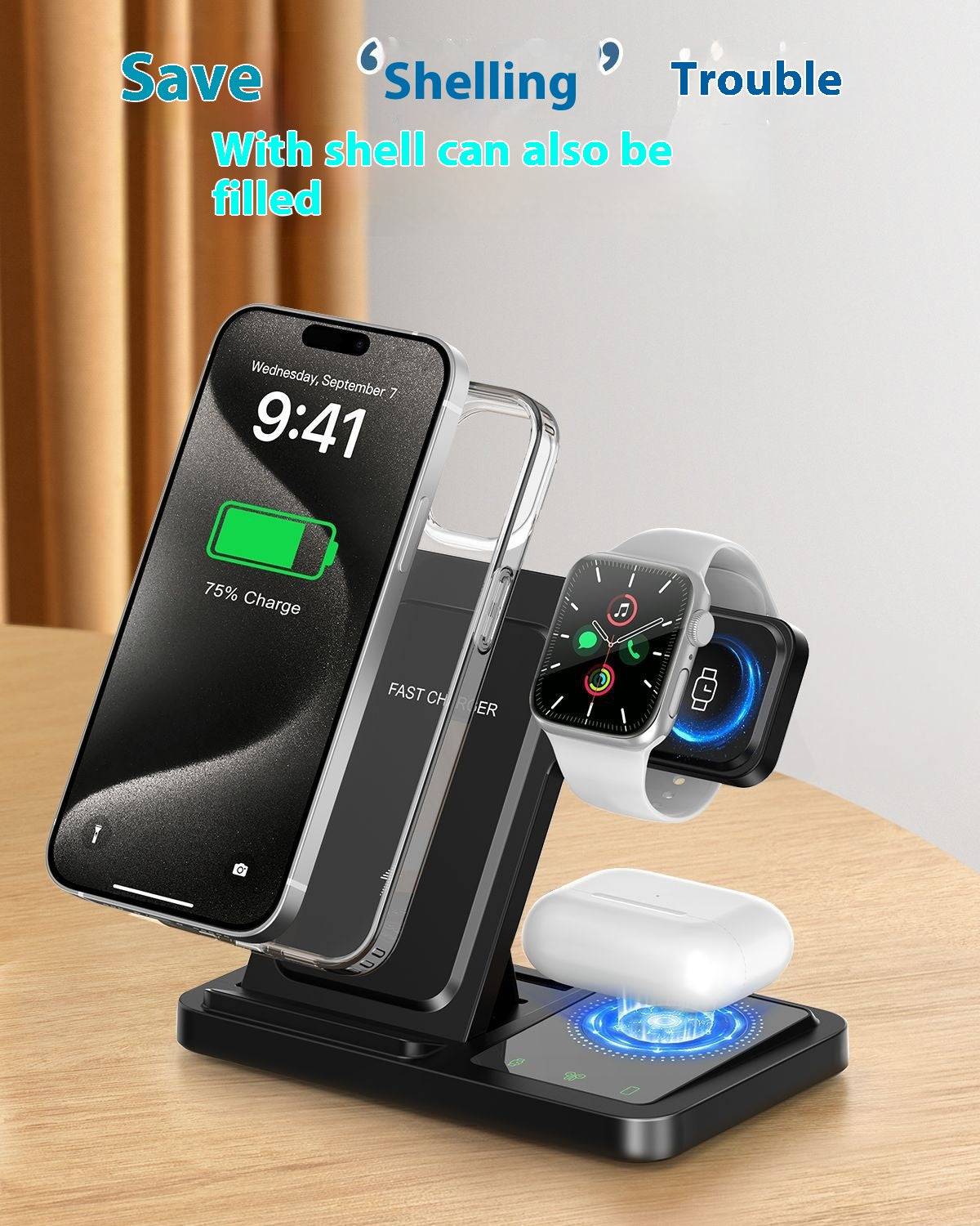 Chargeur sans fil trois en un pour Iphone15 Set de recharge rapide Iwatch Watch Casque B