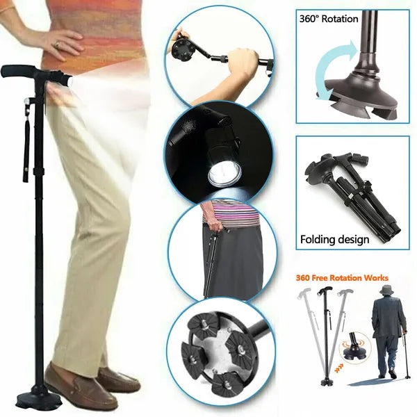 Bâton de marche LED Sécurité de la canne Tous les terrains pivotant Base pliant Cane Voyage