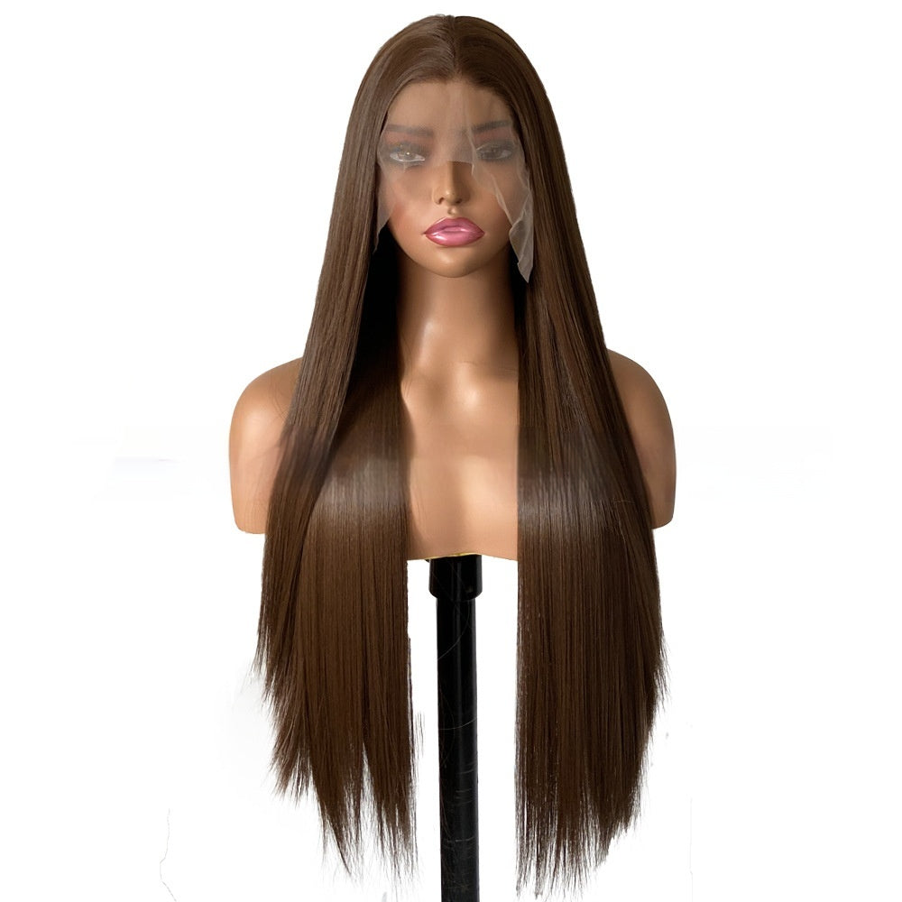 Perruque femelle brune longue droite ligne de cheveux artificielle tête de dentelle
