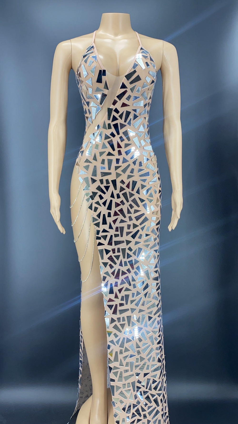 Miroirs brillants Robe de soirée sans manches sexy avec col haute fente