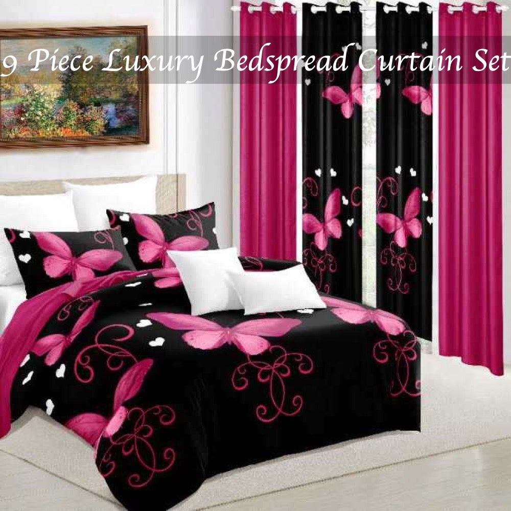 9-Piece violet et papillon noir couvre-lit et rideau
