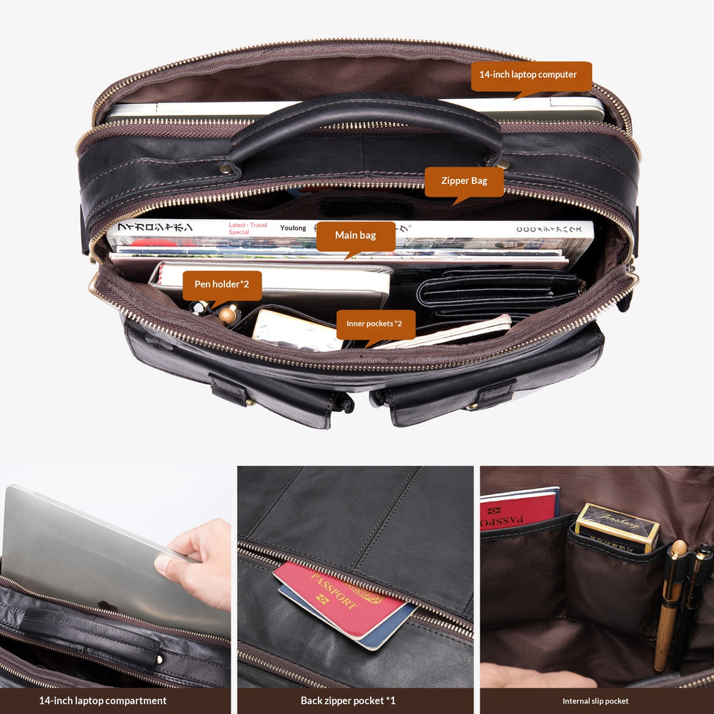 Sac à main en cuir plein-grain pour homme Rétro Sac à bandoulière en cuir