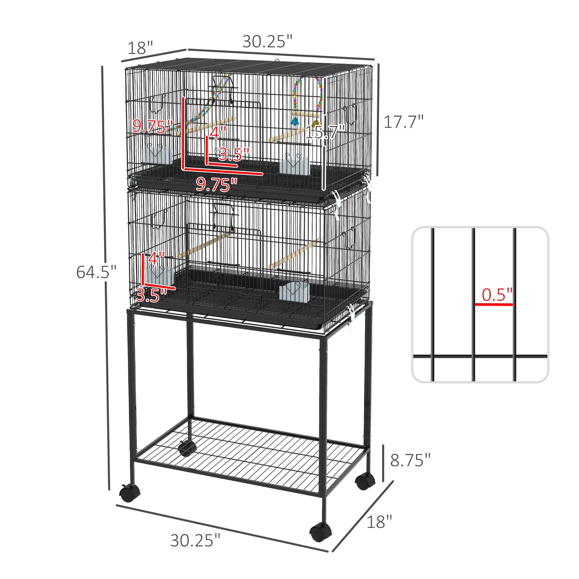 Double cage d'oiseau empilable sur roues avec support