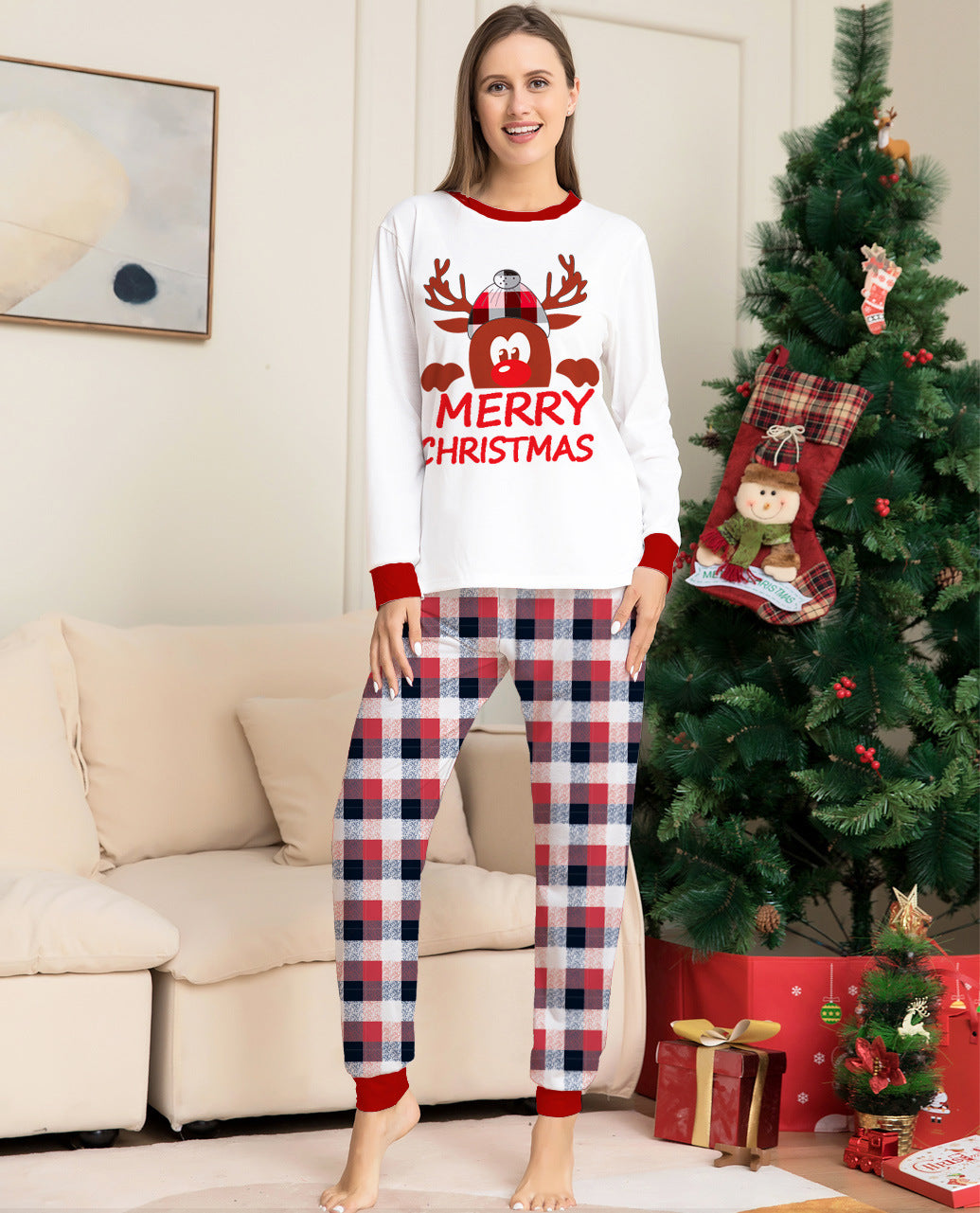 Style Plaid Deer Christmas Parent-enfant Pajama Suit