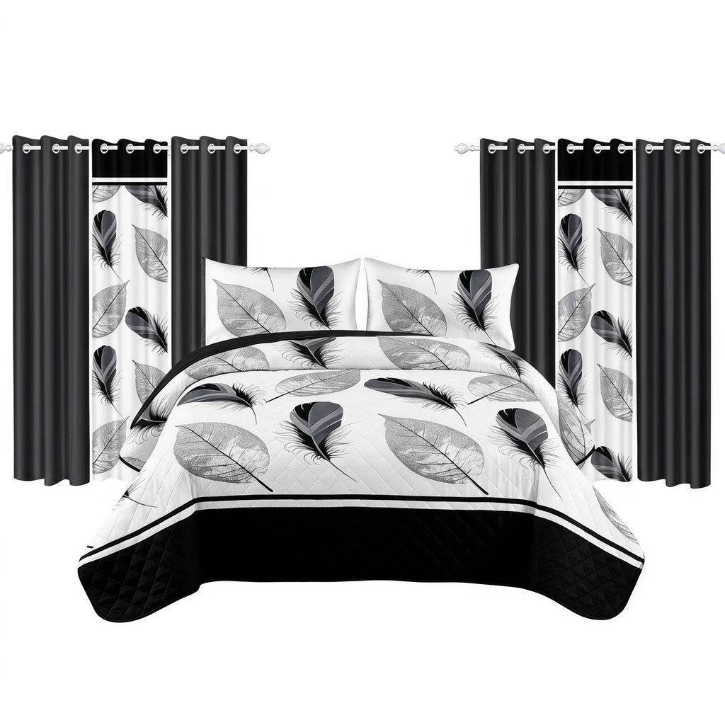 9-Piece noir et plume blanche couvre-lit et jeu de rideau