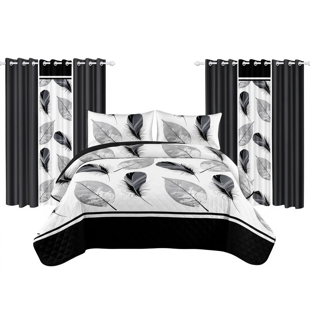 9-Piece noir et plume blanche couvre-lit et jeu de rideau