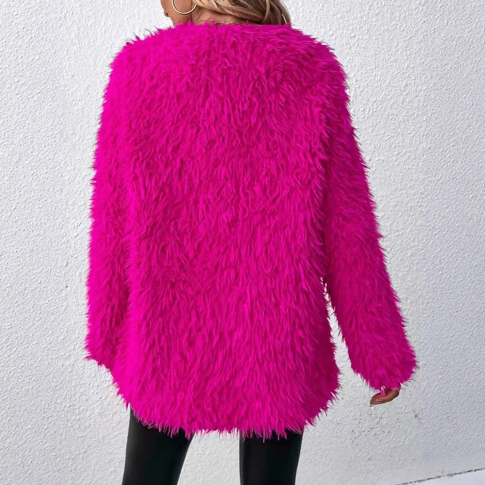 Cardigan rouge d'automne Coat fluffy couleur solide