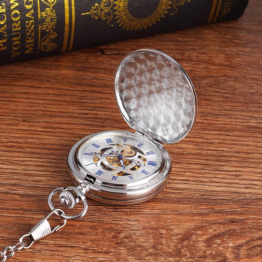 Grande montre de poche en argent à double charnière mécanique