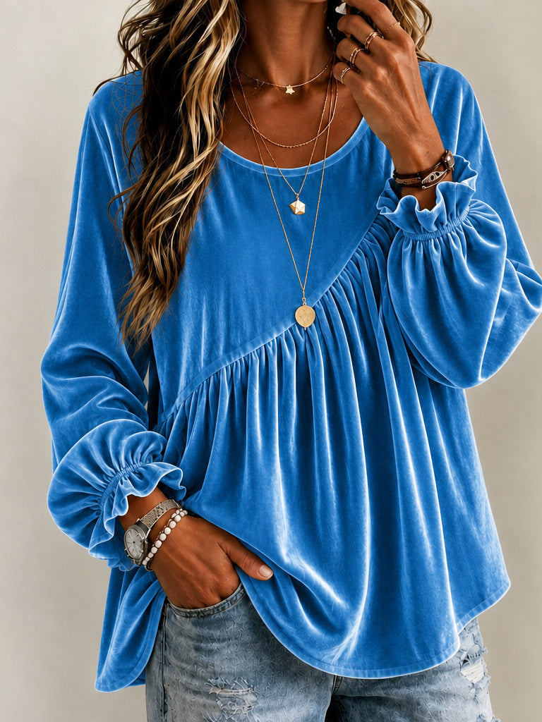 Velours de couleur unie Col d'équipage Manches longues Relaxed-fit Asymétrique Ruffled Top