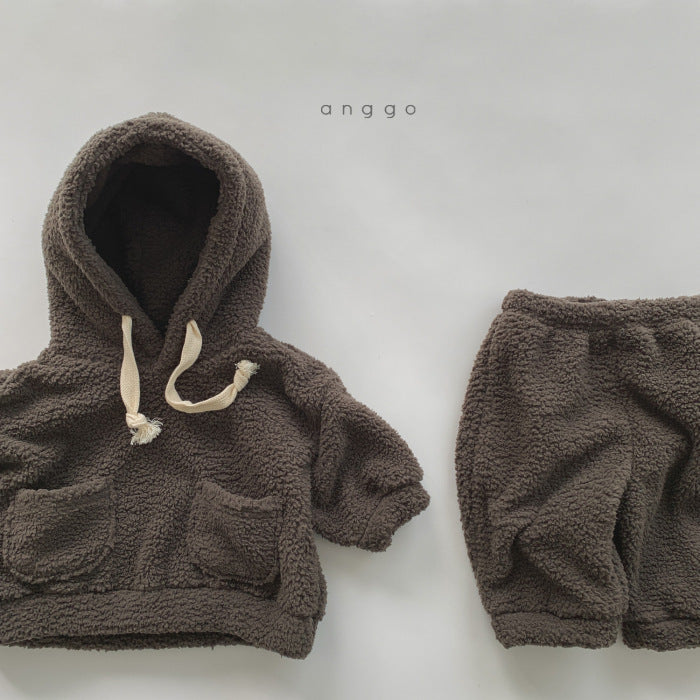 Costume en peluche souple pour enfants Garçons et filles Chaud et épais Pantalon à capuche deux pièces Su