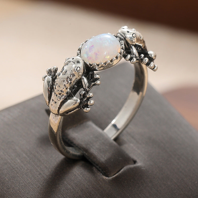 Vintage grenouille bague en pierre irisé argent ton laiton femmes animal déclaration party mode