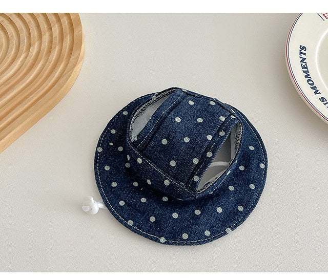 Sphynx Chat Polka Dot Denim Vest avec boutonnage et chapeau pour chats sans cheveux