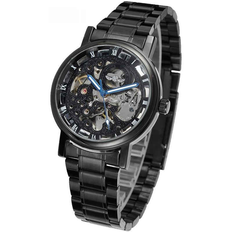 Lauréat Round Hollow Transparent Montre en acier mécanique
