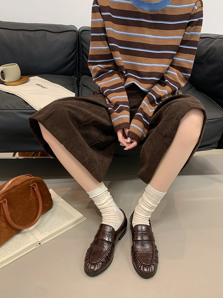 Femmes Vintage Mocassins Ruched Slip sur bas talon orteil rond Soft cuir Commuter chaussures plates