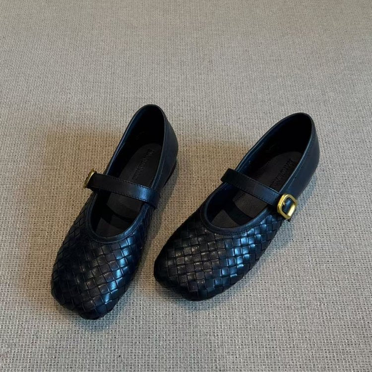 French Woven Shallow Bouche Mary Jane Petite Chaussures en Cuir Pour Célibataire Femme