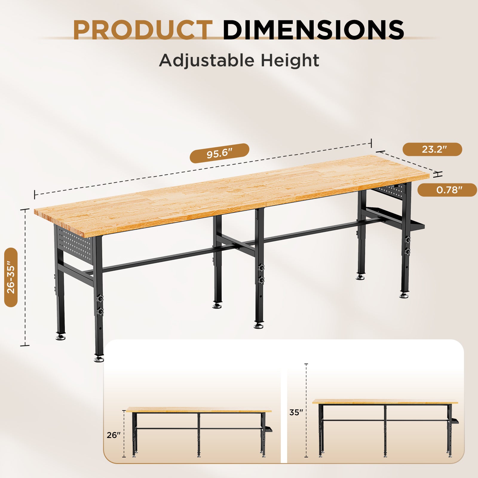 96in Workbench réglable avec pegboard latéral