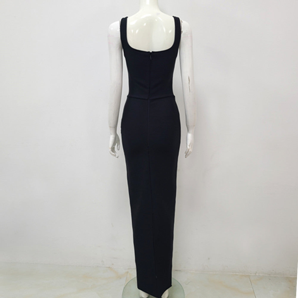 Robe de soirée à col U noir sans manches Strass Élégante robe de bandage mince