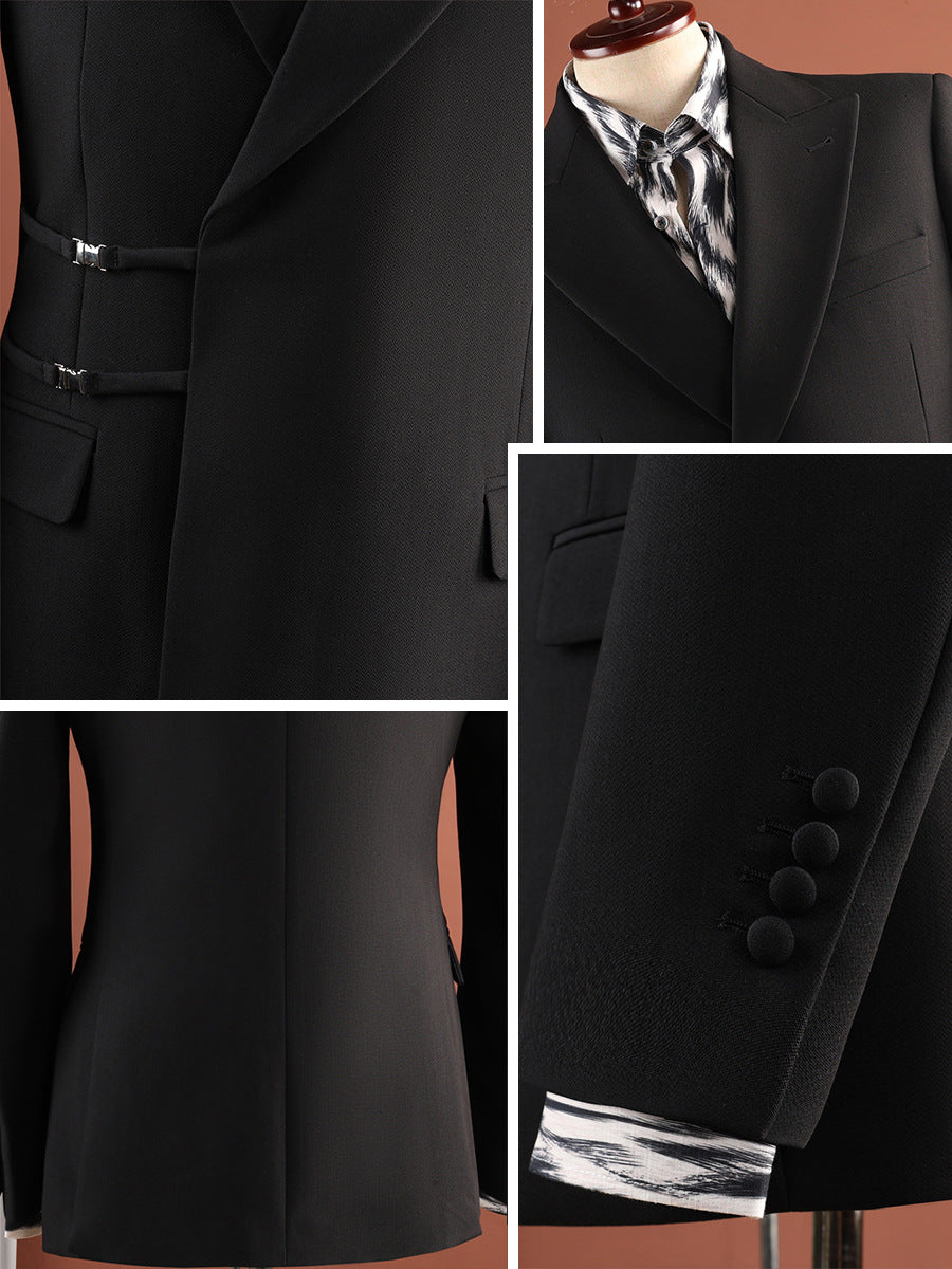 Hommes Black Peak Lapel côté boucle 2 pièces Ensemble de costumes Gurkha pantalons