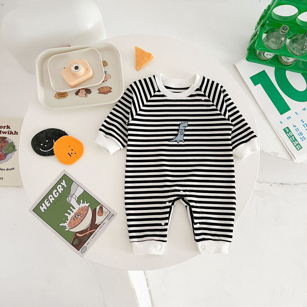 Springautumn Arrivée Stripped Dinosaur-broidered bébé Romper Pour 0 2 ans