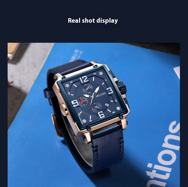 Lumineux homme Waterproof Square Multi-fonction Chronographe Calendrier Montre en cuir