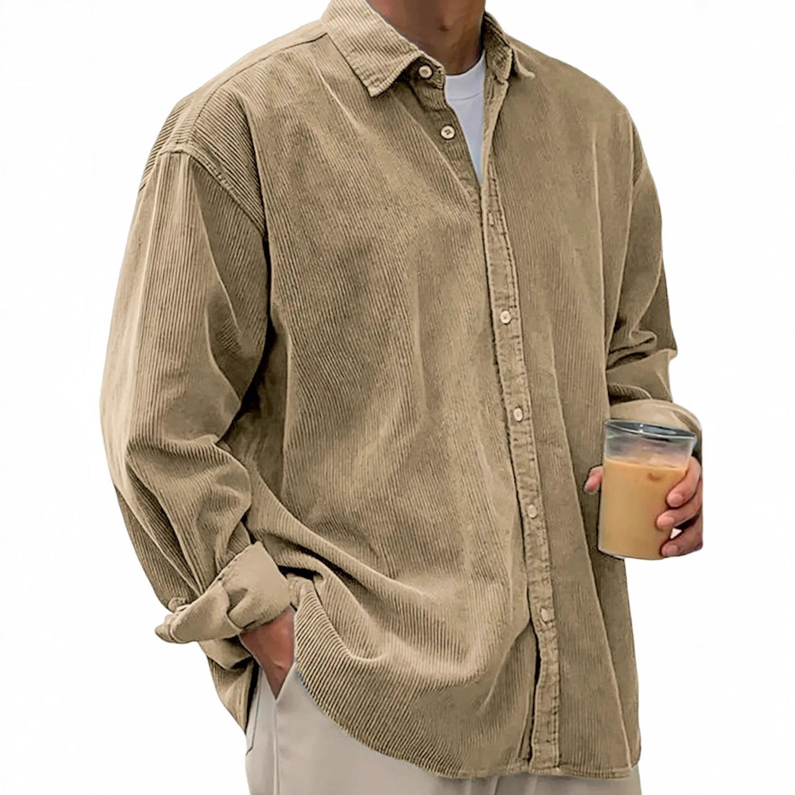 European And American Men's Casual Loose Solid Color Corduroy Lapel Shirt Indépendant Site
