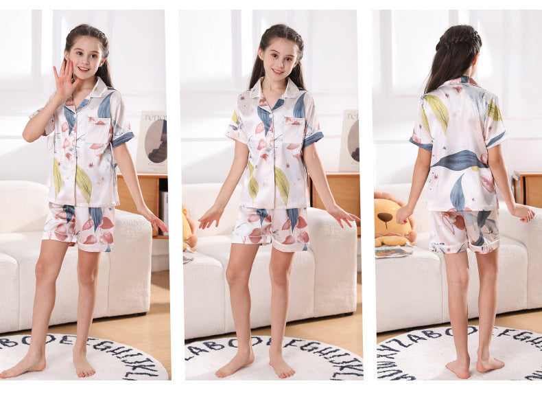 Pyjama de filles Pyjama mince de glace en soie pour enfants Short à manches courtes été