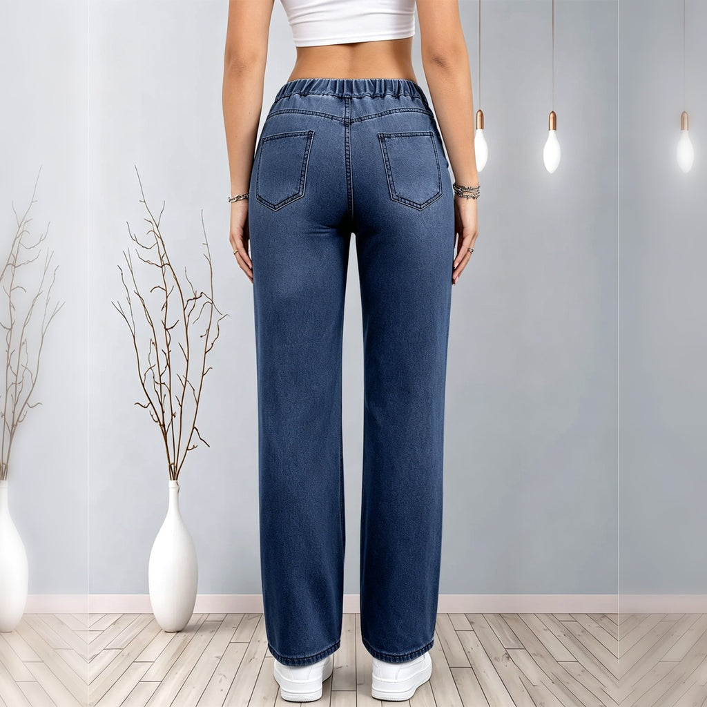 Laver sombre des femmes Drawstring élastique taille large jambes Jeans