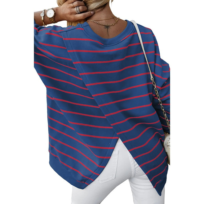 Women Autumn Winter Arrival Striped Print Crew Neck Sweatshirt