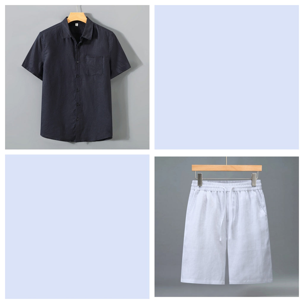 Short en lin pur pour homme et ensemble de chemises à manches courtes - Outfi léger décontracté d'été