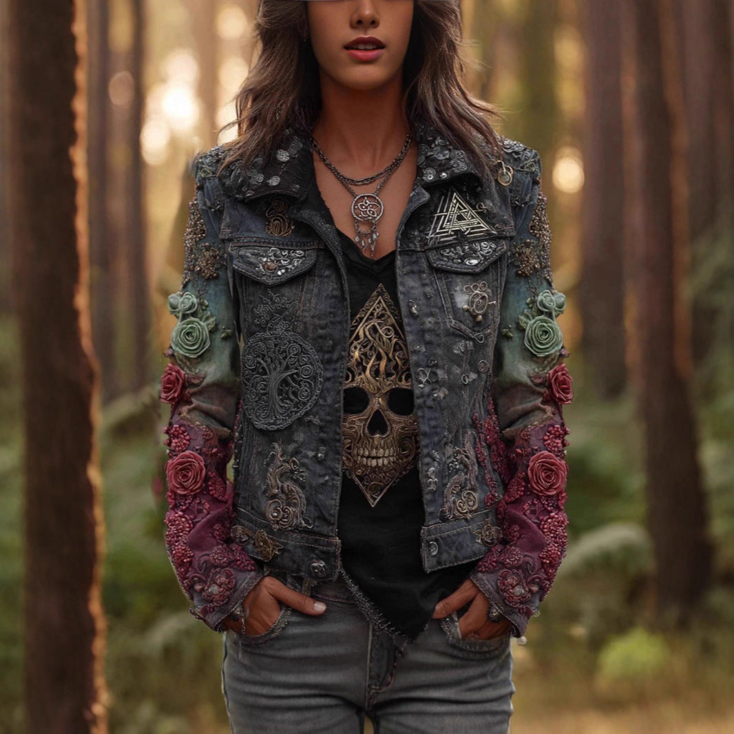 Veste de denim retro à manches longues lavée d'automne