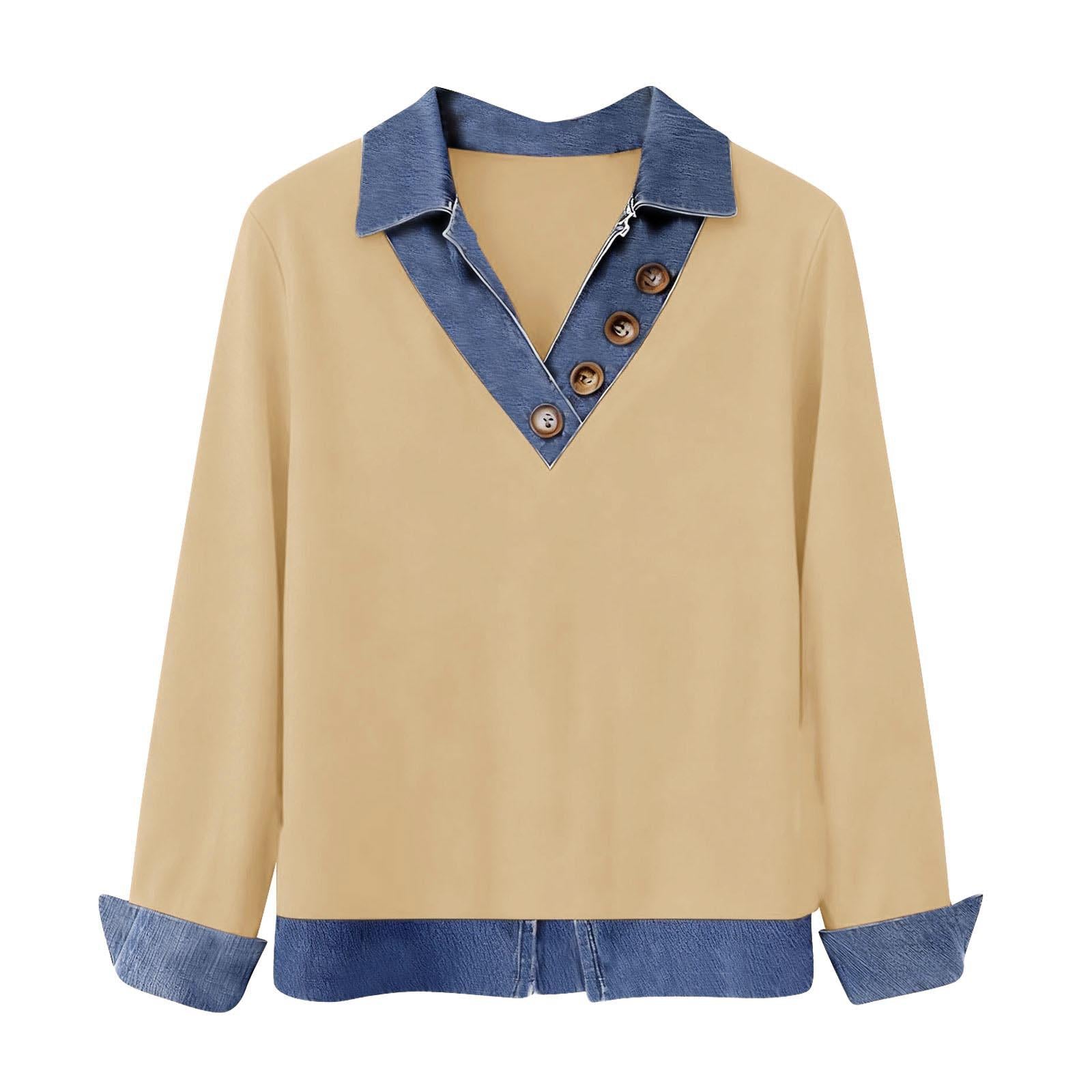 Top casual tricoté à manches longues avec un col V denim