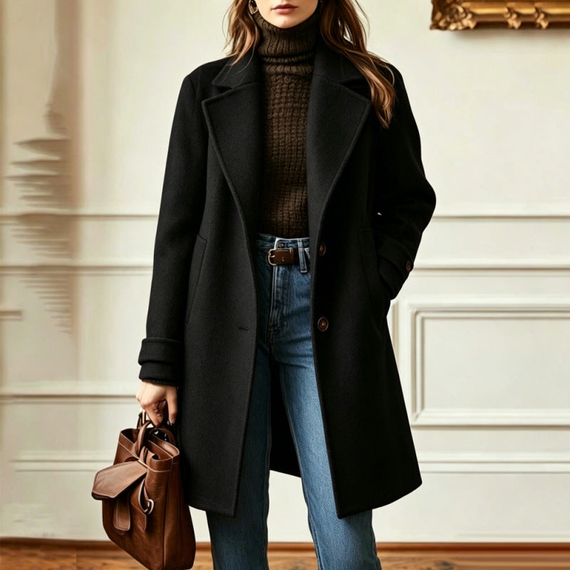 Automne et hiver Rétro Style décontracté Longueur moyenne Coat Lapel Coat Femme