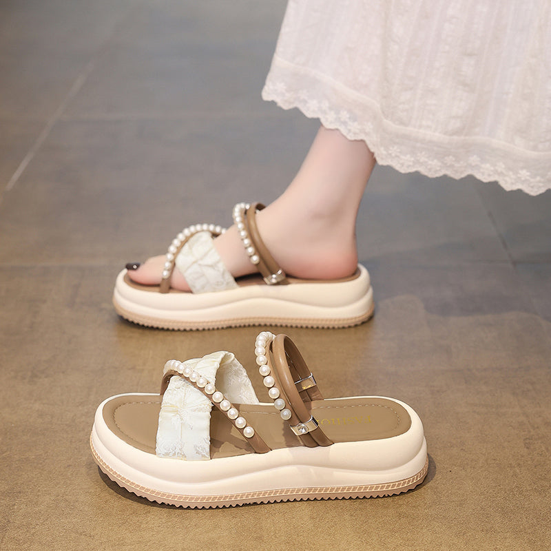 Femmes Sweet Pearl Perled Dentelle Sangle Platform Sandales